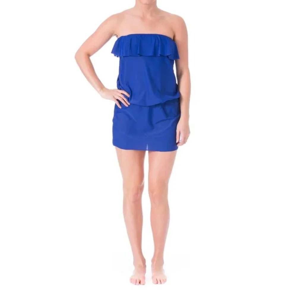 Aqua Green Womens Beachy Boho Swim Dress XS Royal Blue Ruffle Strapless Pool